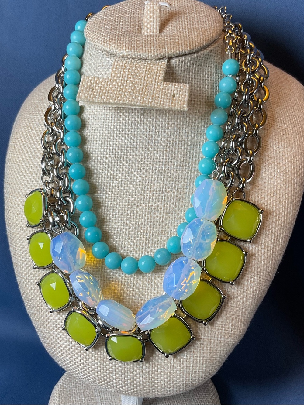 Lia Sophia Layered Statement Necklace Turquoise Blue Opalescent & Lime Green Bib